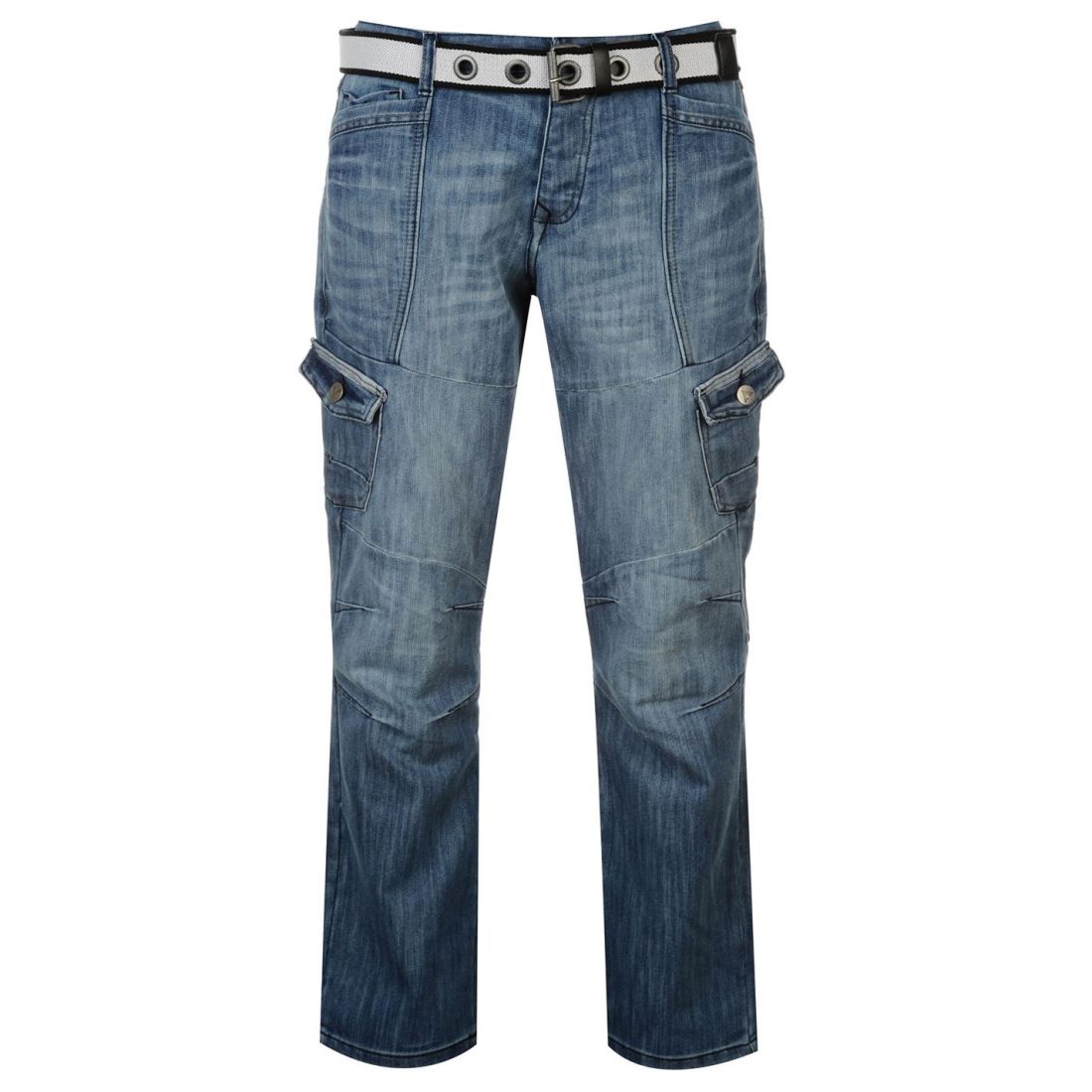 Airwalk Belted Cargo Jeans Straight Fit Belt 6 Pockets Denim Mens Gents ...