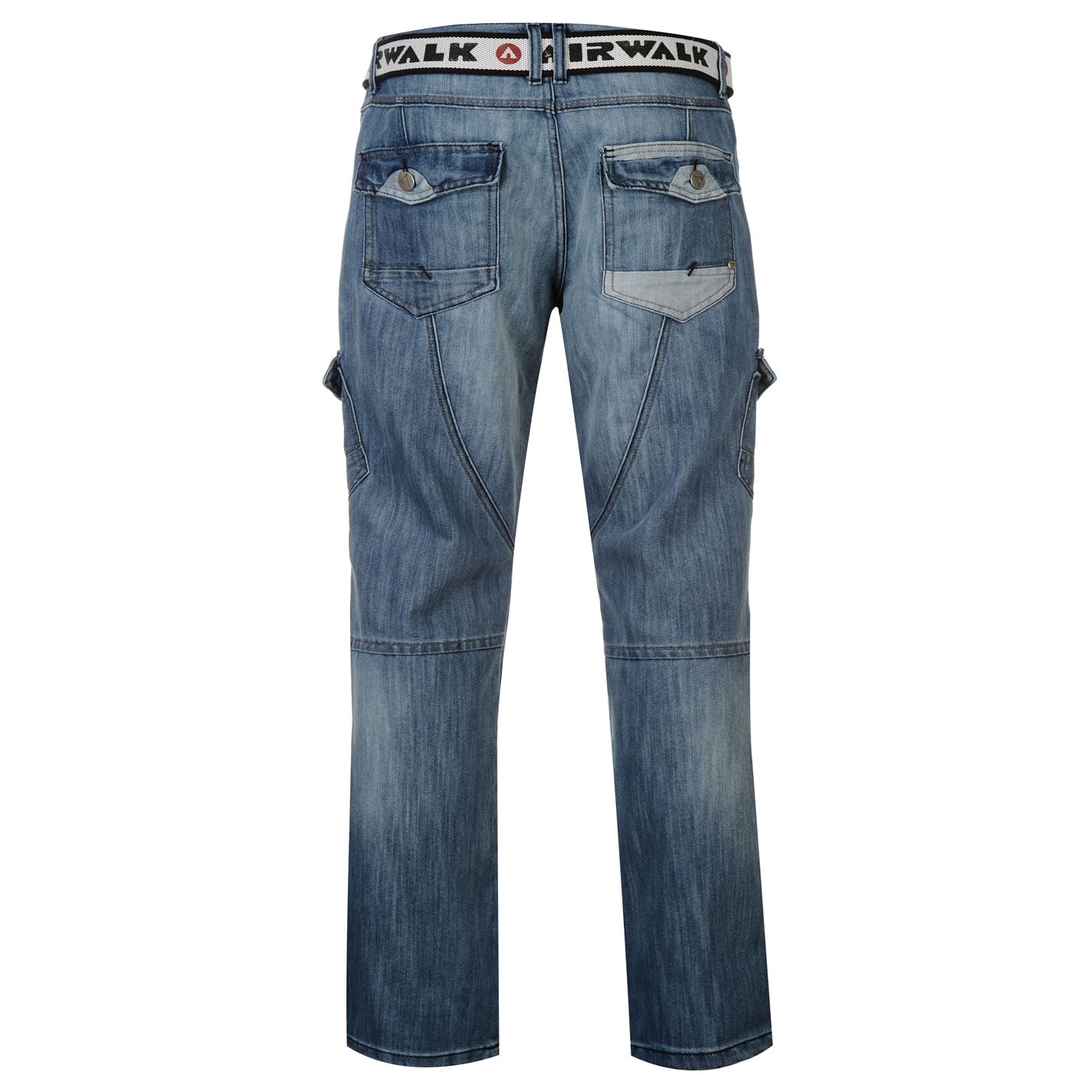 Airwalk Belted Cargo Jeans Straight Fit Belt 6 Pockets Denim Mens Gents ...
